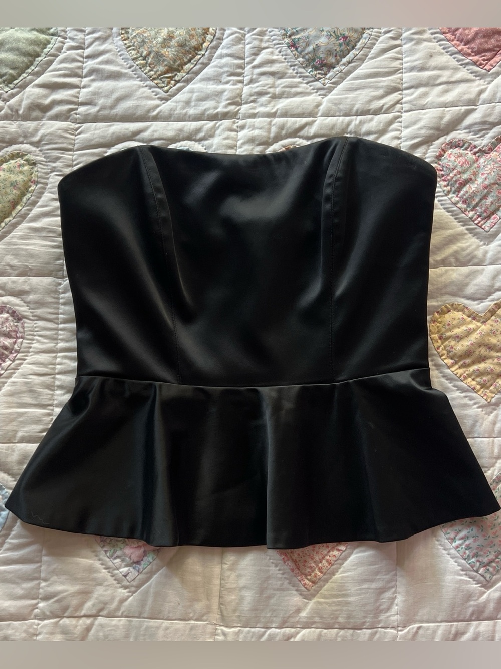 Bebe 2000s Black Satin Strapless Peplum Bustier Corset Top Size 6 Whimsy Goth